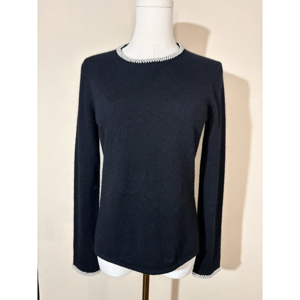 Charter Club Cashmere S Black Sweater with Beaded Wrists & Neckline Pearls Chic